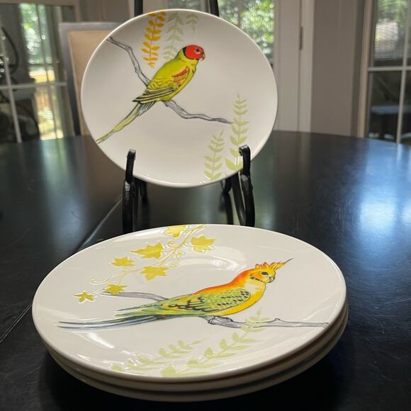 NEW Grace Anthropologie Set 4 Ceramic Parakeet Bird Salad Sandwich Dessert Pl… - Picture 12 of 15